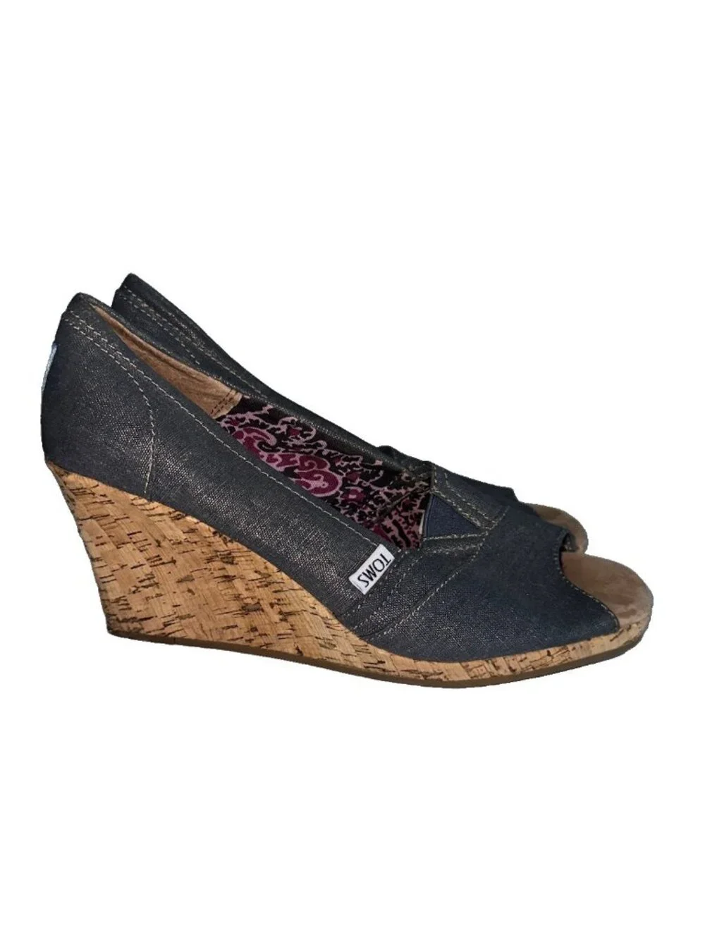 TOMS Calypso Canvas Peep Toe Wedge Espadrille Shoes Women's 10 Metallic Gray
